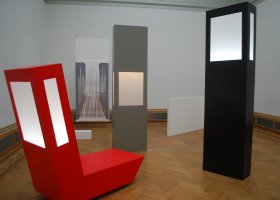 Black, White, two Gray to Red, Lichtinstallatie _ objecten, Plexiglas en Forex